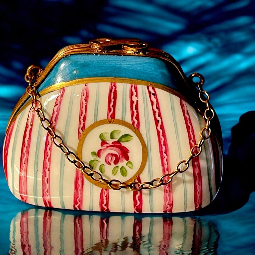Rare Limoges Purse Shaped Trinket Box, Engagement Ring Box, Chamart Exclusive